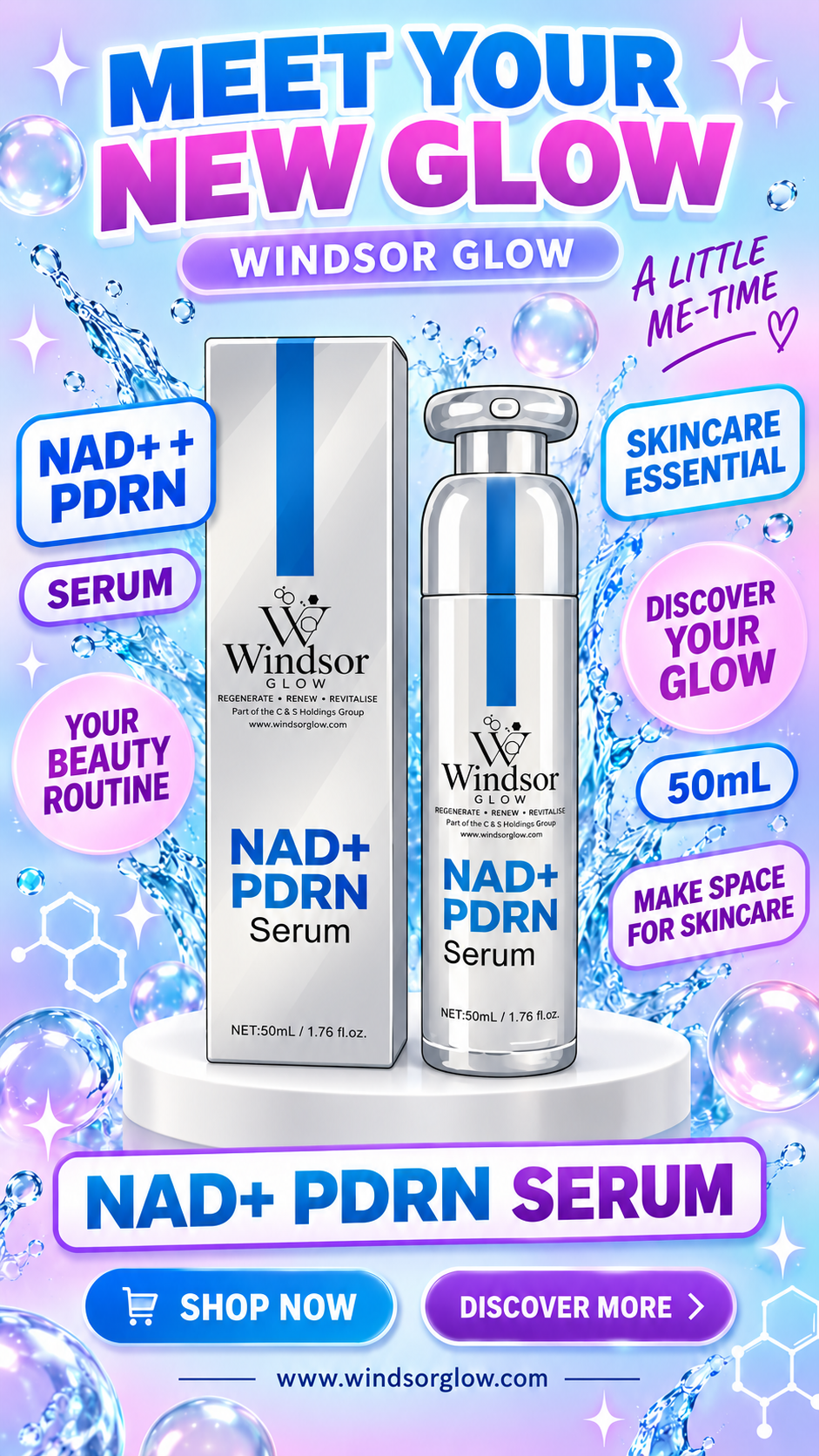 Deliberately generic AI poster with cartoon Windsor Glow products and crowded text